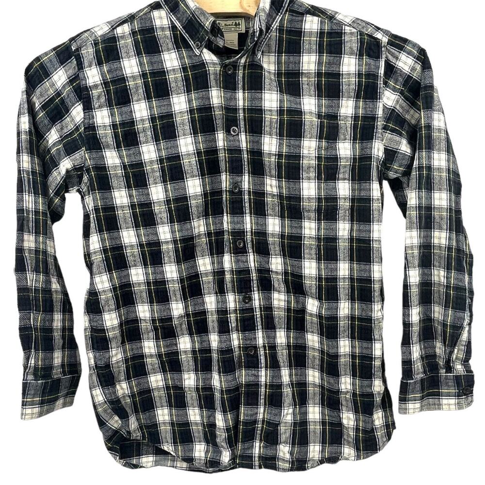 LL Bean Mens Medium Regular Fit Flannel Button Up Green Blue Plaid